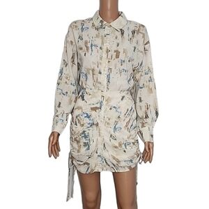 LE LIS Ruched Dress Long Sleeve Buttons Front Beige/Blue Size Small